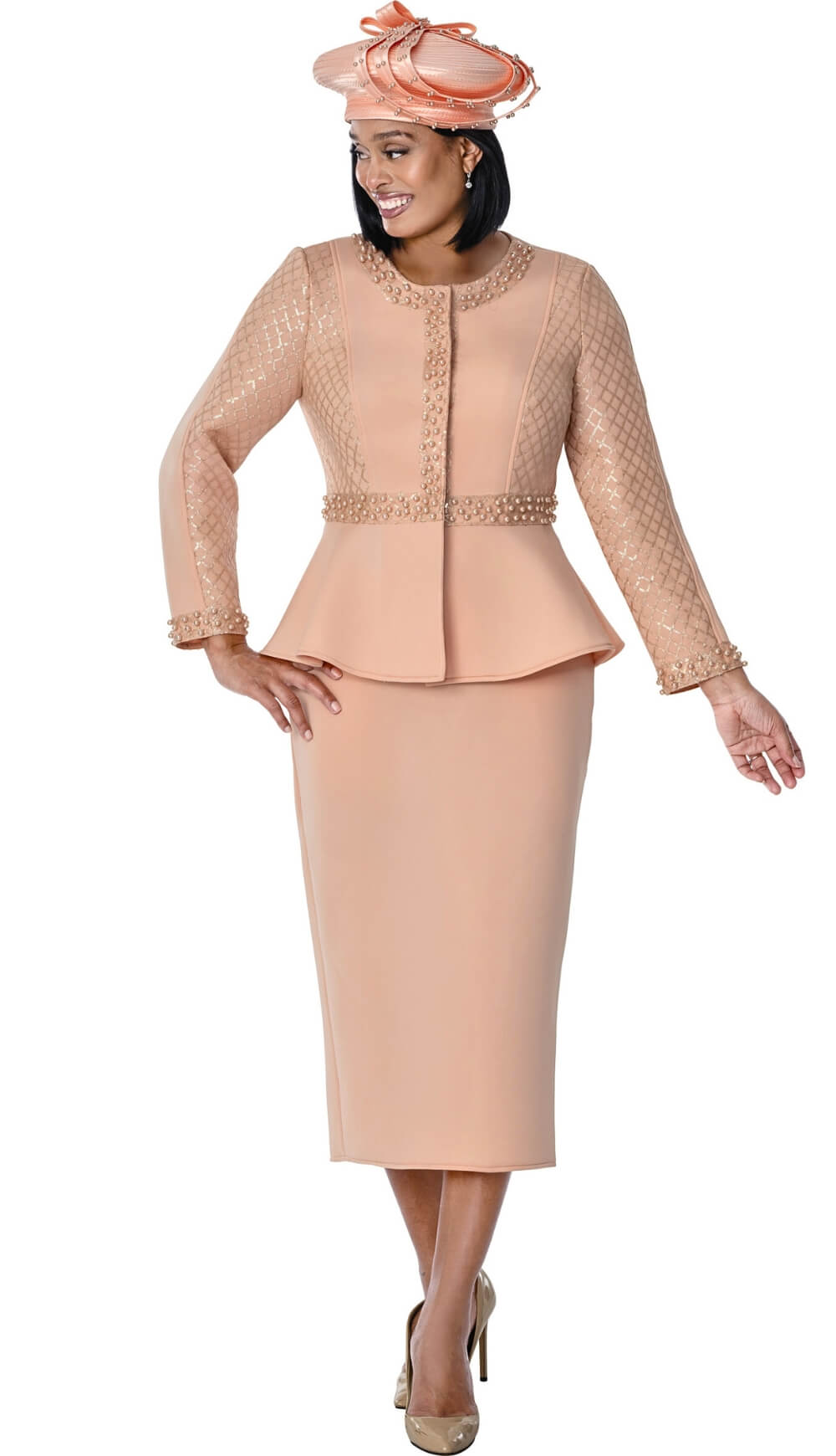 Metallic Diamond Pattern Peplum Suit with Pearls